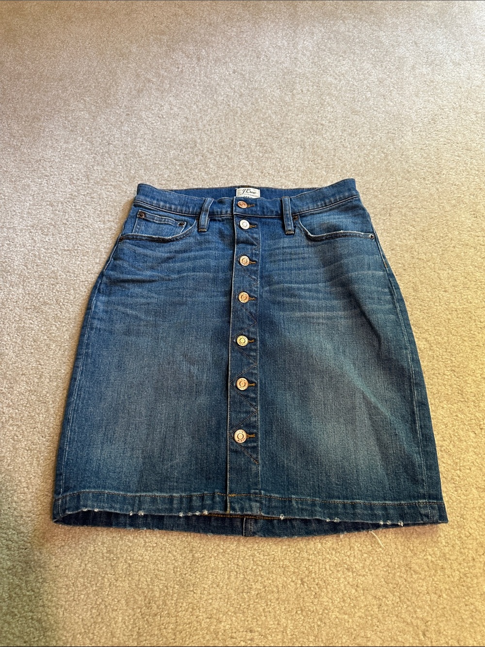 Button-Front Denim Pencil Skirt in Medium Blue